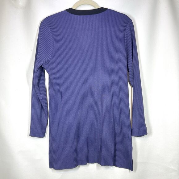 Misook Women Sz M Purple Ribbed Long Sleeve Button Front Cardigan Black Trim - Picture 2 of 11